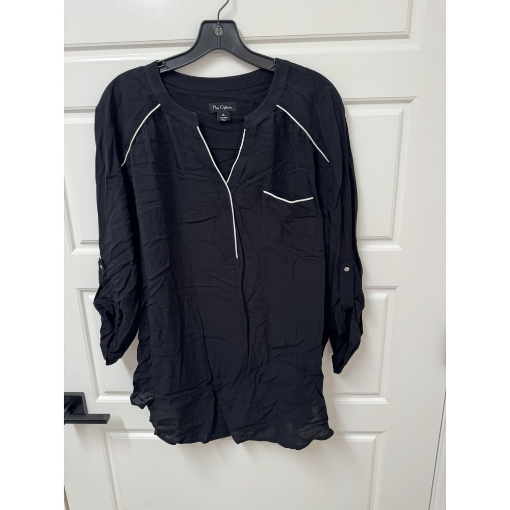 Nue Options Women XL Black Rayon Tunic Blouse White Trim Roll Tab Sleeve Top